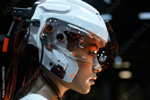 portrait of a woman in futuristic helmet with wires and sensors on her head and futuristic latex white costume poses on a dark background
