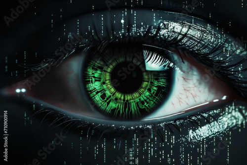 human eye with an implant in the form of a computer digital board, concept of enhanced reality and digital eyesight of the future, information processing, artificial intelligence photo