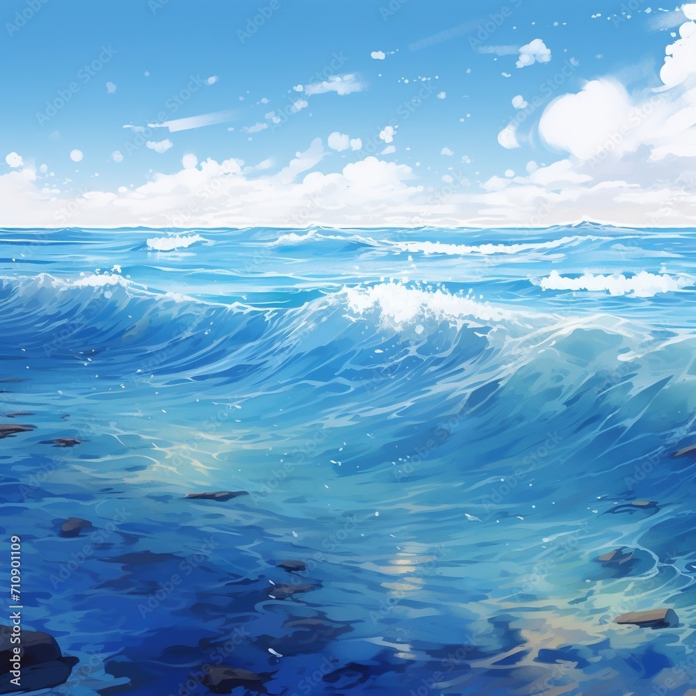 Blue ocean waves crashing on a rocky shore