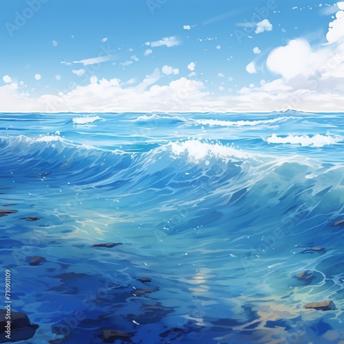 Blue ocean waves crashing on a rocky shore