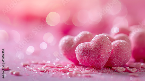 Pink hearts floating in the air on a pink background.	
