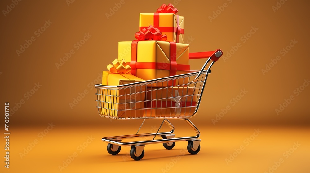 3d Vector Shopping Trolley with Parcel boxes, Shopping Online Concept. generative ai 3d Vector Shopping Trolley with Parcel boxes, Shopping Online Concept. generative ai