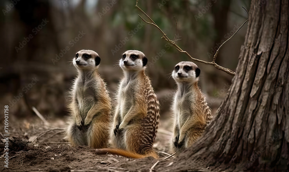 A meerkat family stands and watches the area. A meerkat family stands and watches the area.
