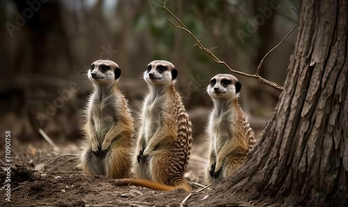 A meerkat family stands and watches the area.