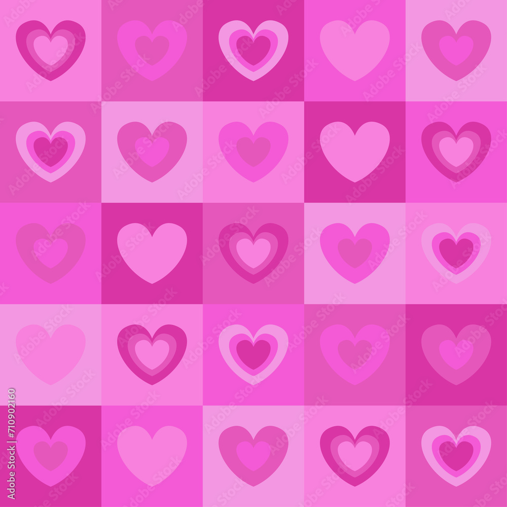 Cute y2k seamless pattern with hearts. Сolorful checkerboard backdrop. Vector illustration
