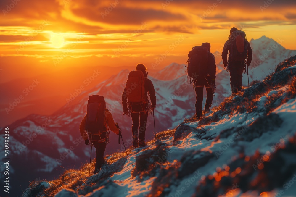 Climbers climb the Peak of the mountain with sunset or sunrise