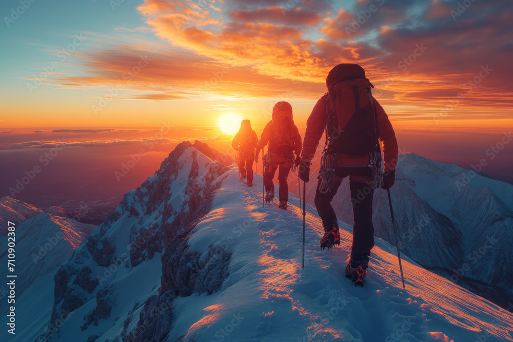 Climbers climb the Peak of the mountain with sunset or sunrise