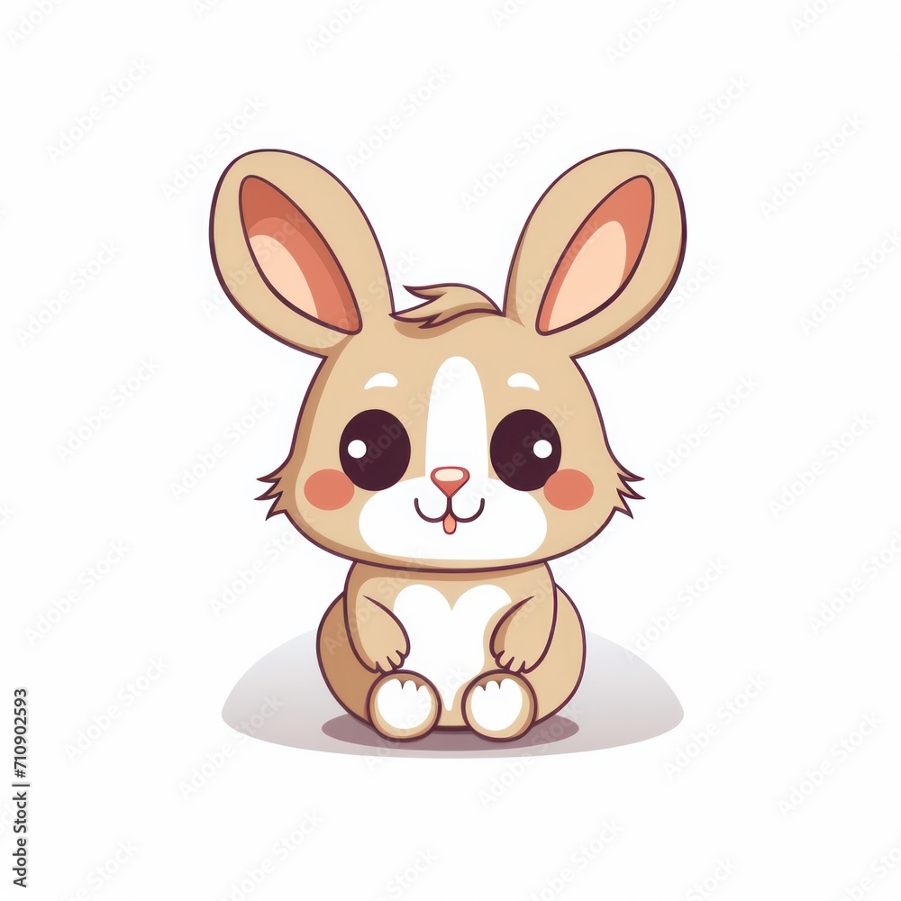 Obraz premium A cartoon-style bunny rabbit with a white belly, brown fur, and pink cheeks. It has long ears and is sitting down.