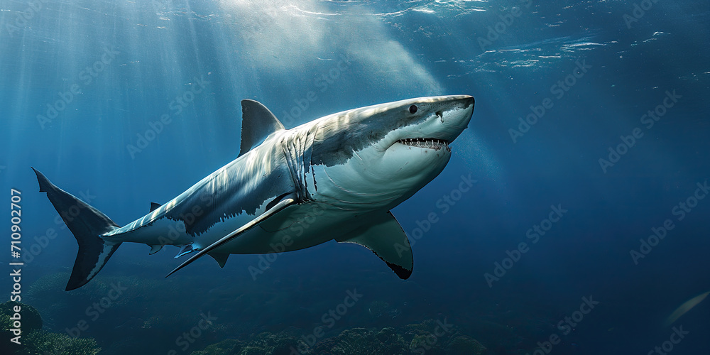Obraz premium Majestic Great White Shark Gliding Effortlessly Through the Ocean Waters