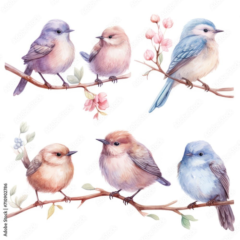 The image features six cute birds perched on tree branches with pink flowers.