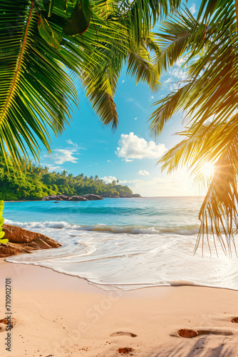 Sunny exotic beach by the ocean with palm trees at sunset summer vacation Generate AI © yuniazizah