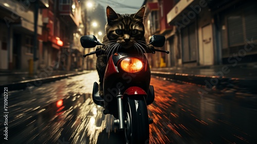Cat riding a motorcycle in the rain