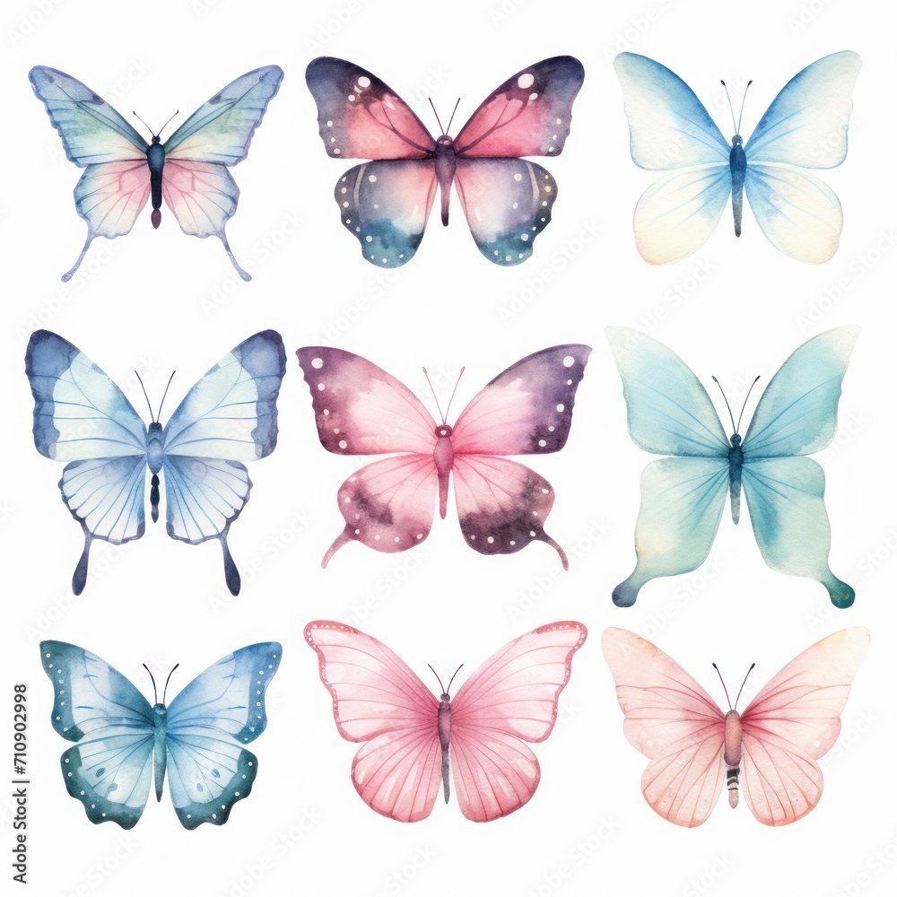 The image features a collection of nine colorful butterflies in blue, pink, and purple tones. They are arranged in three rows of three butterflies each, with a white background.