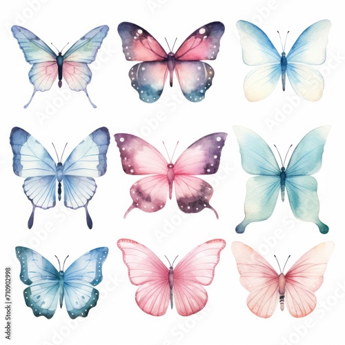 The image features a collection of nine colorful butterflies in blue  pink  and purple tones. They are arranged in three rows of three butterflies each  with a white background.