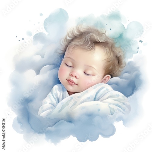 A baby wrapped in a blanket is sleeping on a cloud.