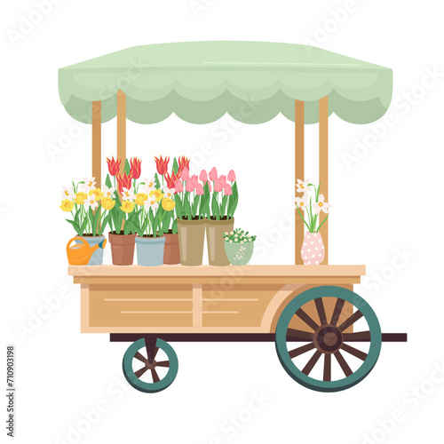 Flower market cart with early spring garden flowers in pots. Floral design elements for mother's day, Valentine's Day, birthday. Vector illustration style isolated on white background.