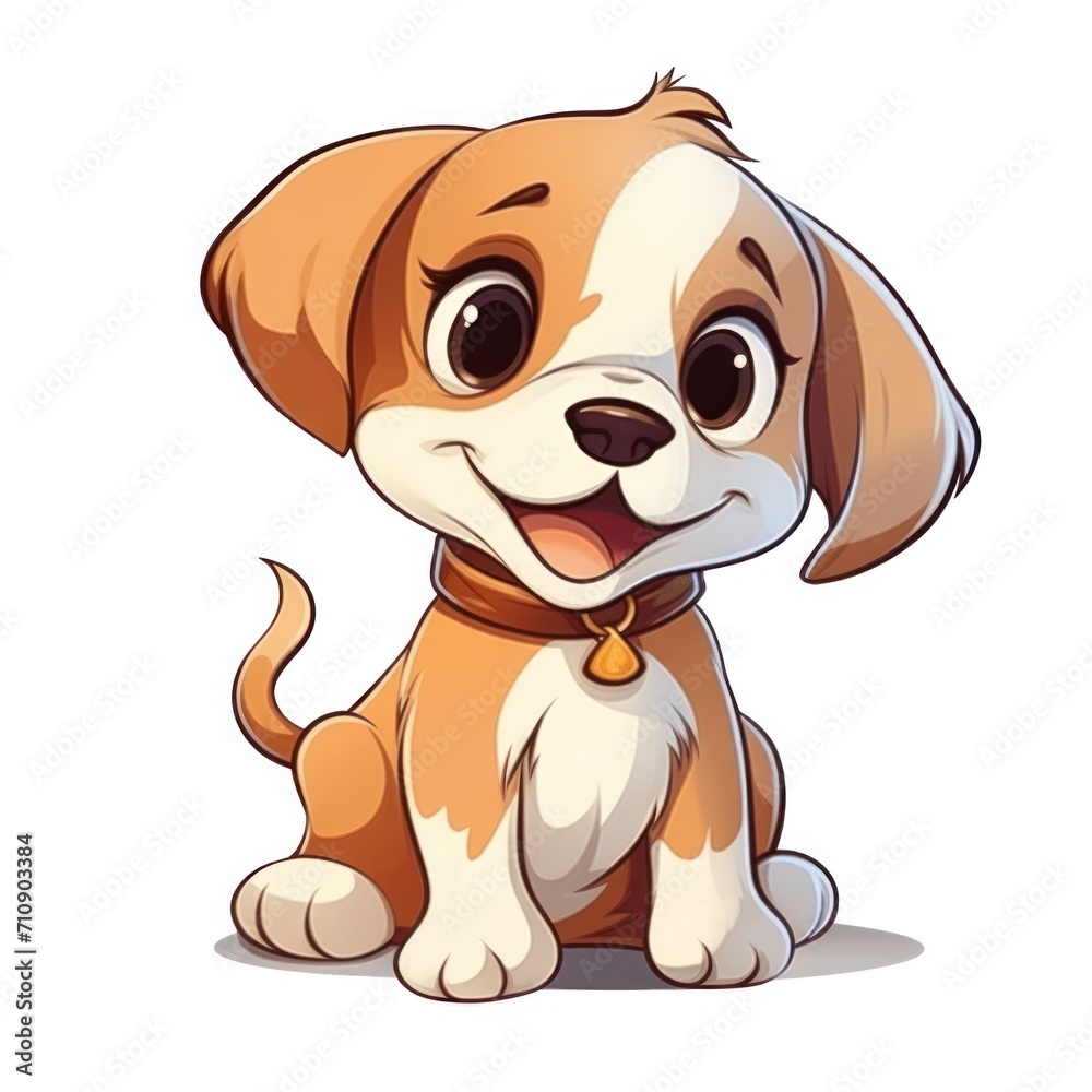 A cartoon illustration of a brown and white puppy with a collar.