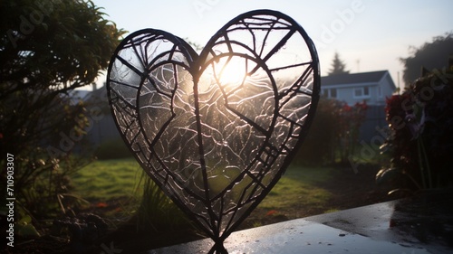 A heart-shaped reflection in a dew-covered spider web in a misty morning garden  -Generative Ai