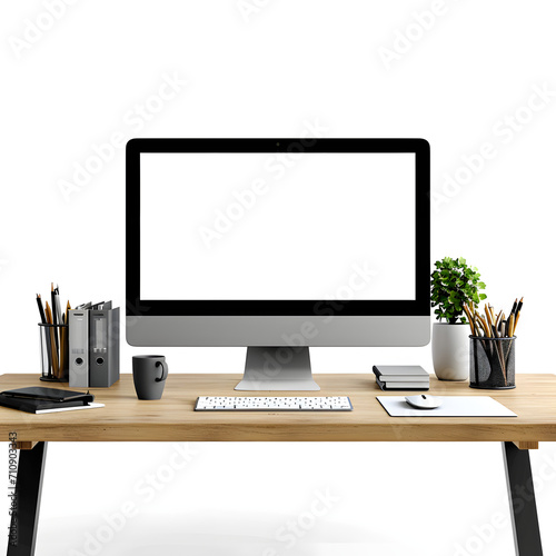 Office desk with a computer and stationery isolated on white background, minimalism, png

