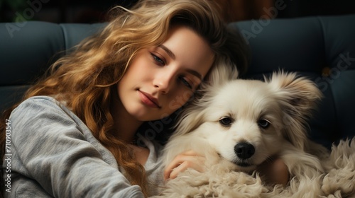 Portrait of a young woman with a white dog