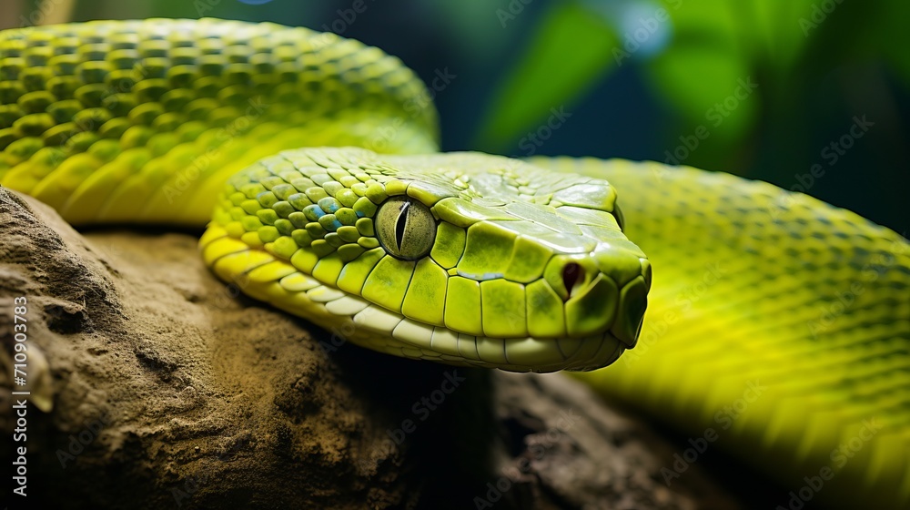 Vibrant green snake coiled on jungle tree branch, macro close up with intricate details Vibrant green snake coiled on jungle tree branch, macro close up with intricate details