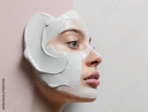 Beautiful woman fgace showing from wall  with a facial beauty cosmetic mask. Abstract concept photo