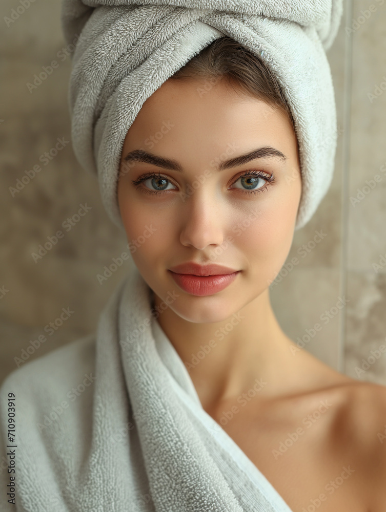 Obraz premium Beautiful young woman wearing towel smiling and enjoying spa procedure. Beauty treatmen in spa salon.