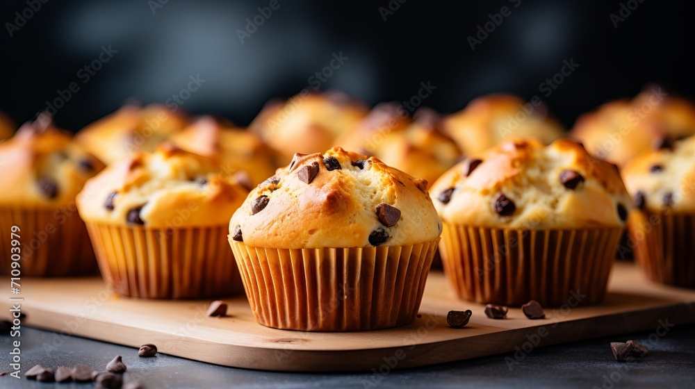 Homemade chocolate chip muffins on blurred kitchen background with copy space for text placement