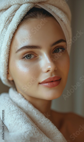 Beautiful young woman wearing towel smiling and enjoying spa procedure. Beauty treatmen in spa salon. 