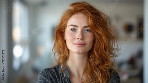 Beautiful amazing young  redheaded smiled  woman at home. Blue eyes and long wavy red hair. Looking forward. 