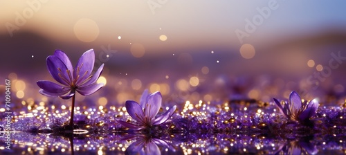 Radiant purple, violet, and gold glitter bokeh background with captivating shining texture