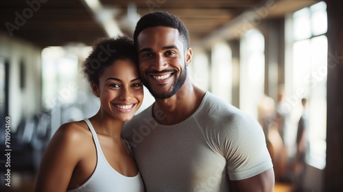 Fit and energized couple showing off muscles in gym with vibrant colors and copy space