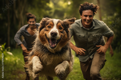 An international group of friends, representing Asian, European, and South American backgrounds, bond over a game of fetch with their exuberant Australian Shepherd in a lush green