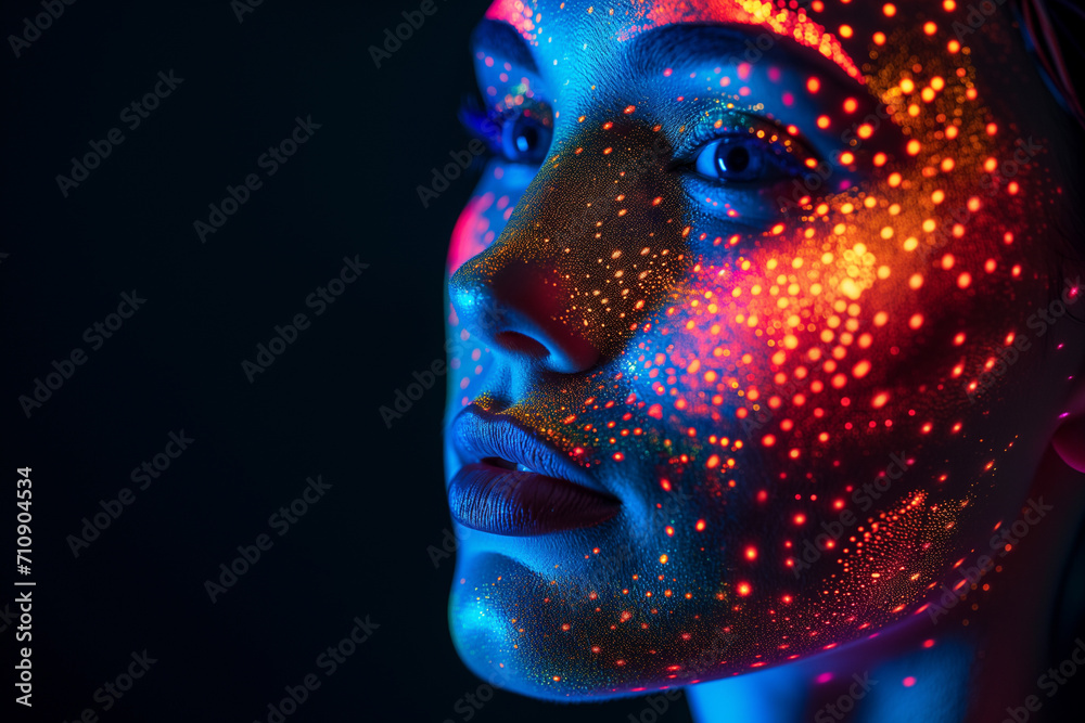 Makeup and cosmetics technology. digital female portrait on black background. Abstract digital human face. Concept of artificial intelligence, big data, or cybersecurity. Makeup and cosmetics technology. digital female portrait on black background. Abstract digital human face. Concept of artificial intelligence, big data, or cybersecurity.