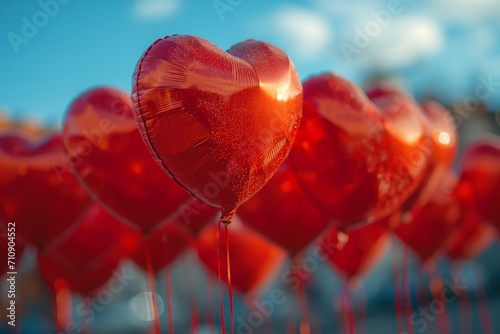 Bunch of red heart-shaped balloons. Valentines Day celebration concept