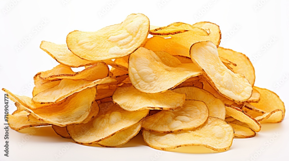 Crunchy potato chips isolated on white background with ample copy space for text or design
