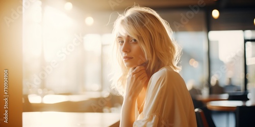 Portrait of a beautiful blonde woman sitting in a cafe