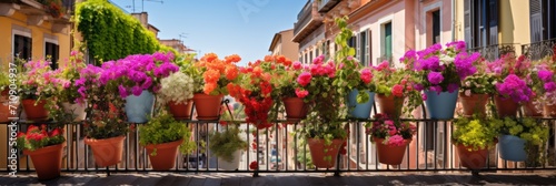 Summer flowers on the balcony or terrace, flowers in pots, home decoration with flowers, banner #710904937