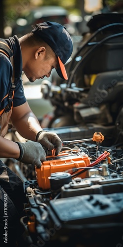 Car mechanic fixing a car engine