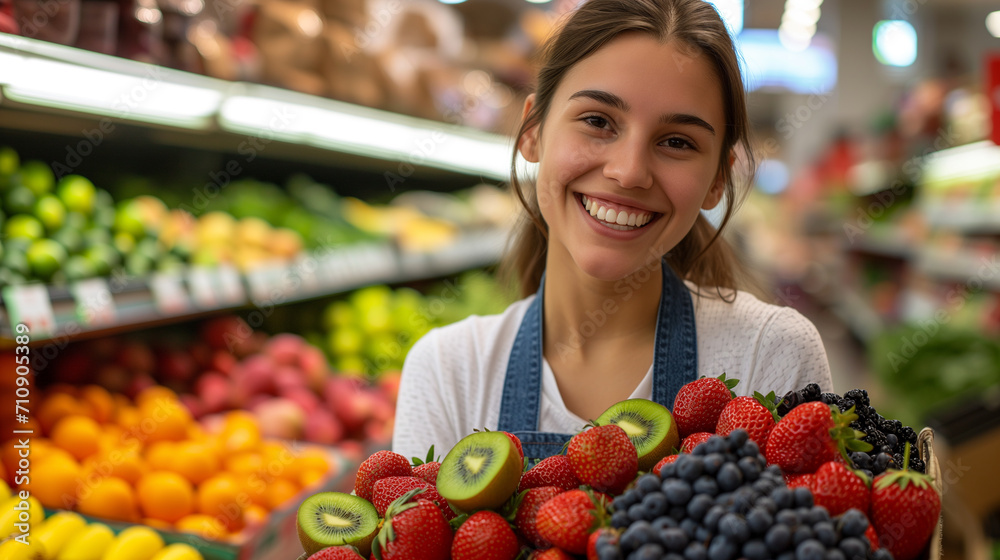 Joyful Shopper with Fresh Fruits in Supermarket