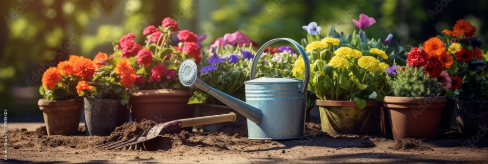 Fototapeta premium Beautiful colorful variety of spring and summer flowers in pots and a watering can on the patio, banner