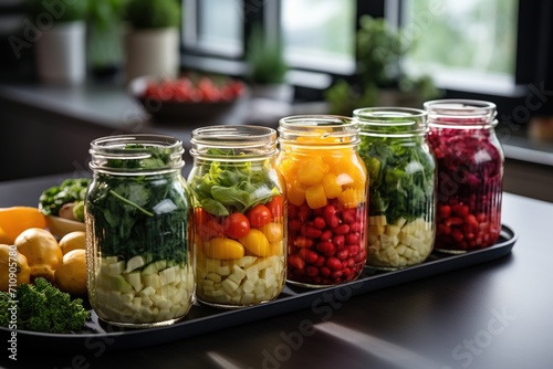 Colorful and healthy salads in glass jars