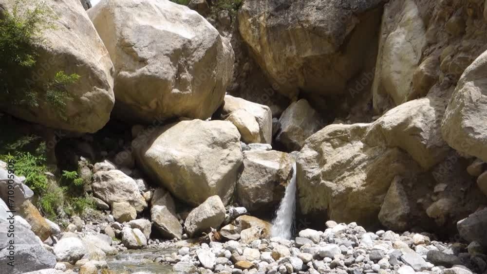 Scenic Himalayan waterfall amid massive rocks in Himachal Pradesh, India. Part of Kinner Kailash Yatra, a Hindu pilgrimage. Scenic Himalayan waterfall amid massive rocks in Himachal Pradesh, India. Part of Kinner Kailash Yatra, a Hindu pilgrimage.