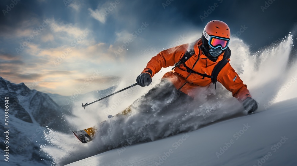 Skilled snowboarder conquers off piste ski slope with style, embodying winter sports concept.