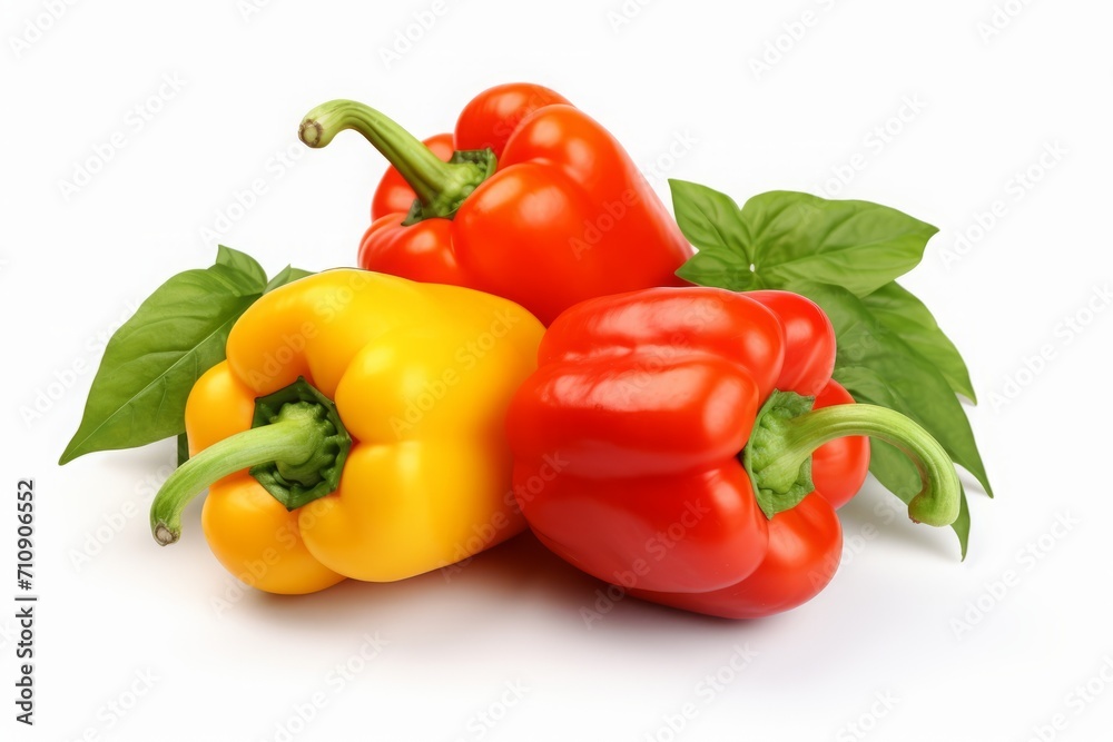 Bell peppers with leaves on a white background, a bunch of isolated multicolored vegetables with a shadow.