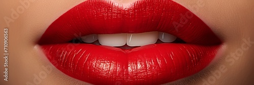 Women's lips close-up with sexy red lipstick, banner photo