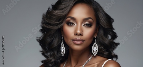 A beautiful african-american stylish middle-aged woman. Neat clean shining face, makeup. Amazing styling of black hair. Expensive diamond jewelry. Earrings and necklaces with precious stones.