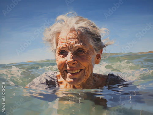 portrait of older woman swimming in lake, 