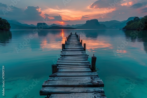Sunrise with turquoise water, dock and beach in light pink and purple