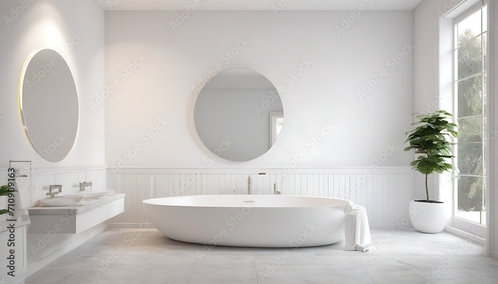 3d rendering of a modern minimal white bathroom with big round mirror 3d rendering of a modern minimal white bathroom with big round mirror